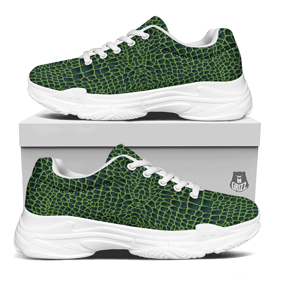 Green Crocodile Leather Skin Print White Chunky Shoes-grizzshop