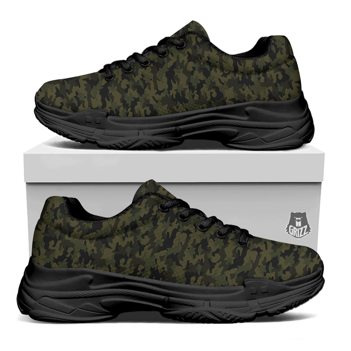 Green Dark And Black Camouflage Print Black Chunky Shoes-grizzshop