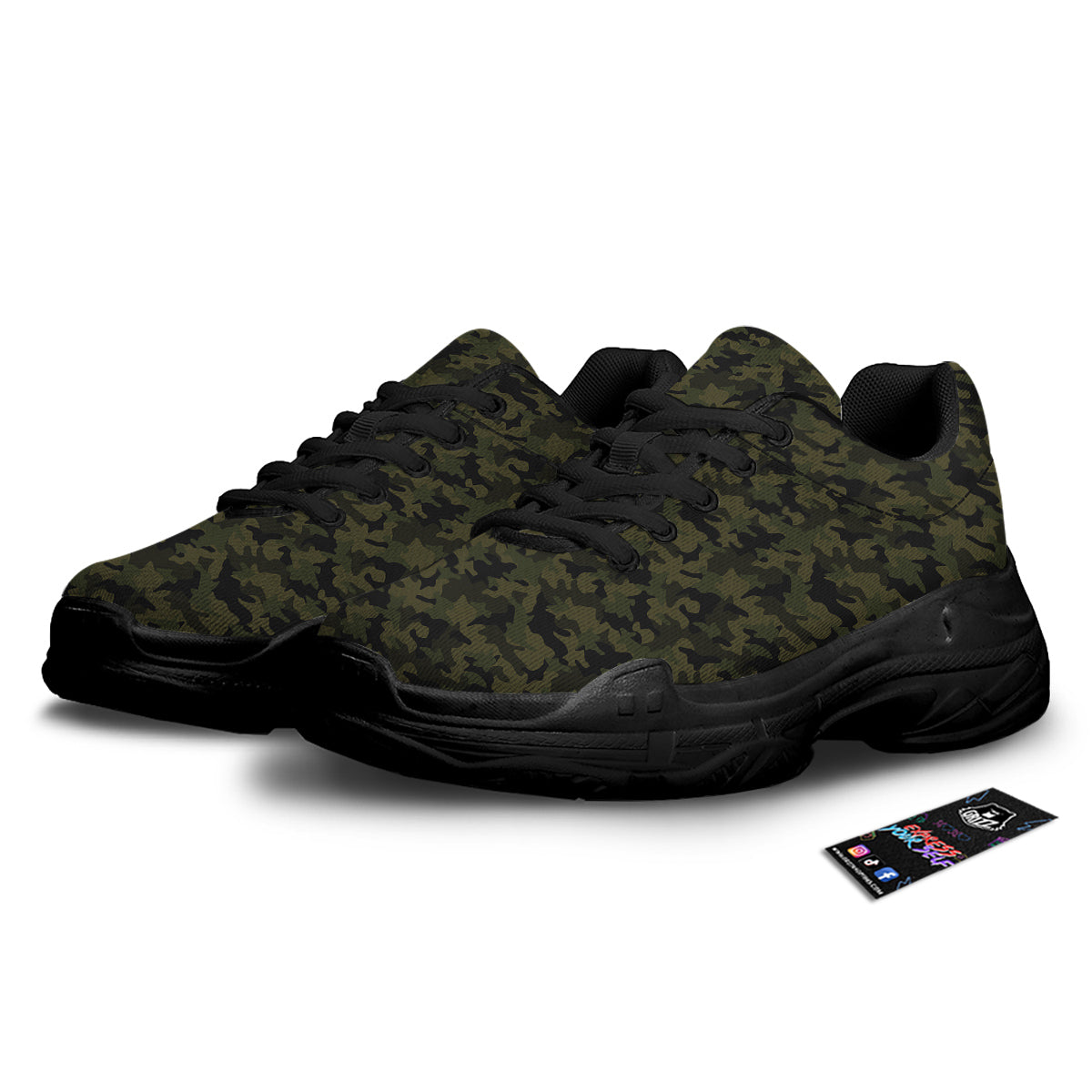 Green Dark And Black Camouflage Print Black Chunky Shoes-grizzshop