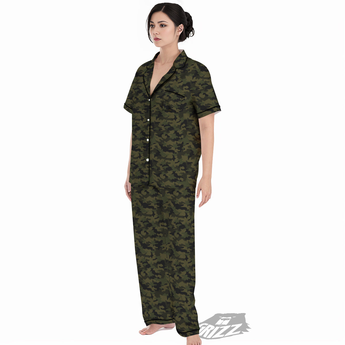Green Dark And Black Camouflage Print Women's Pajamas Set-grizzshop