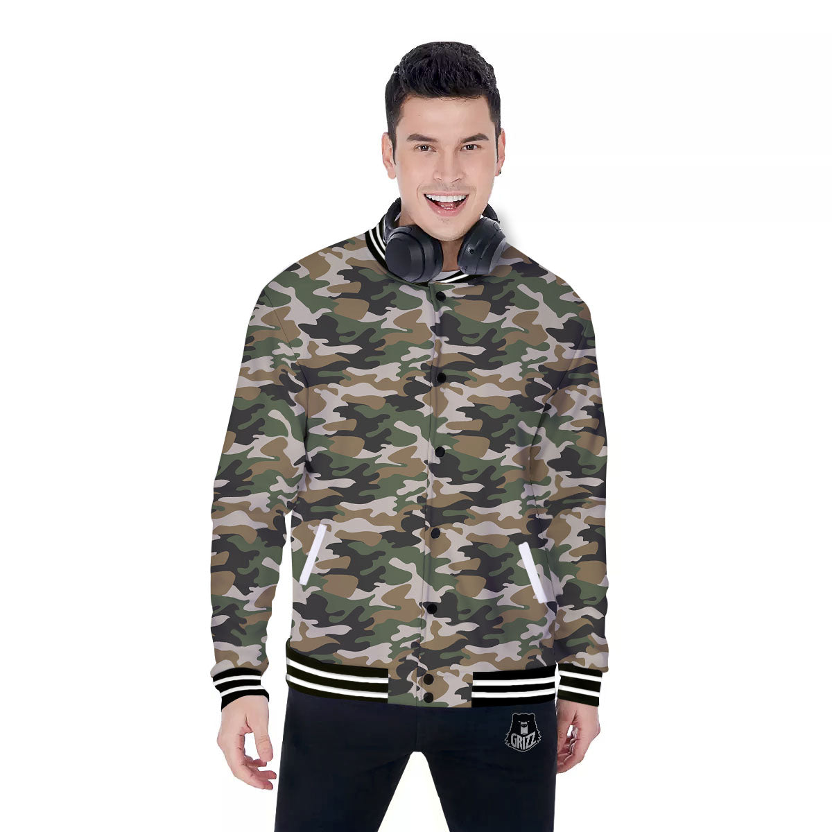 Green Desert Camouflage Print Baseball Jacket-grizzshop