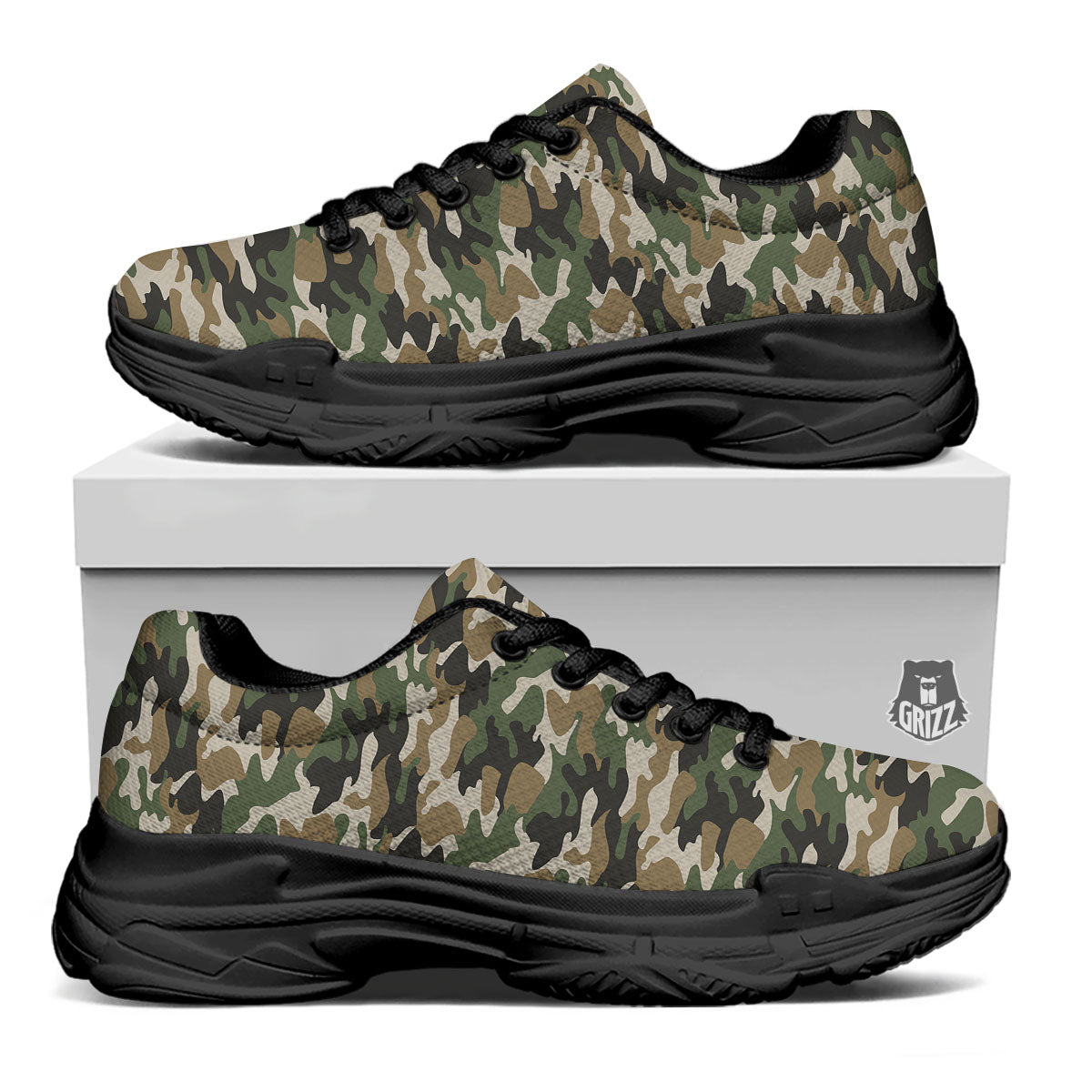 Green Desert Camouflage Print Black Chunky Shoes-grizzshop