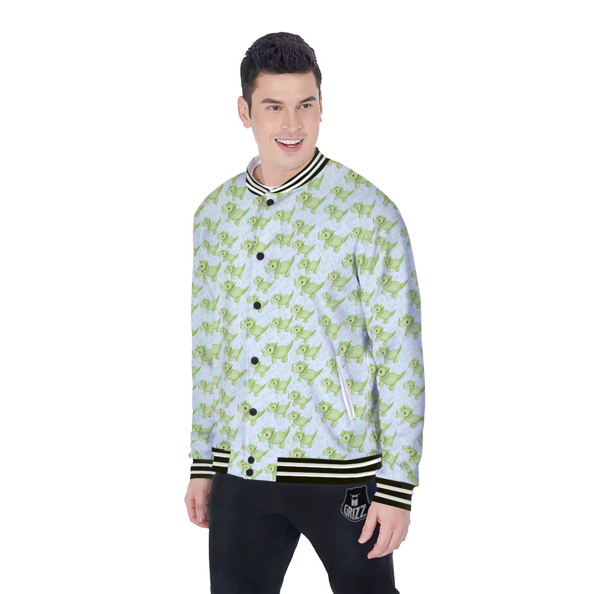 Green Dinosaur Little Print Pattern Baseball Jacket-grizzshop