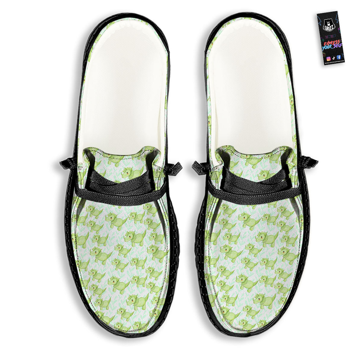 Green Dinosaur Little Print Pattern Black Loafers-grizzshop