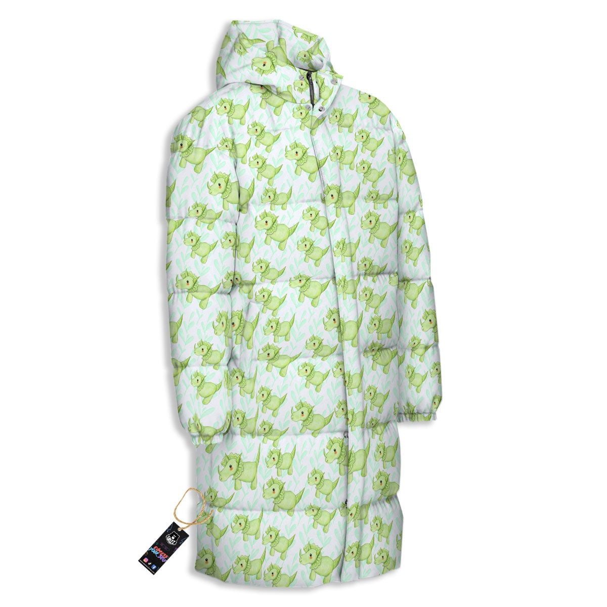 Green Dinosaur Little Print Pattern Long Down Jacket-grizzshop