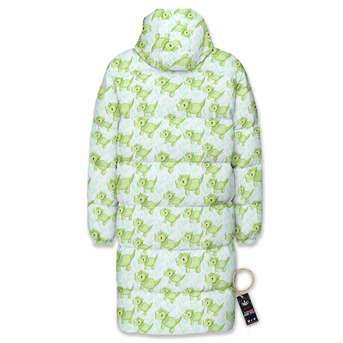 Green Dinosaur Little Print Pattern Long Down Jacket-grizzshop