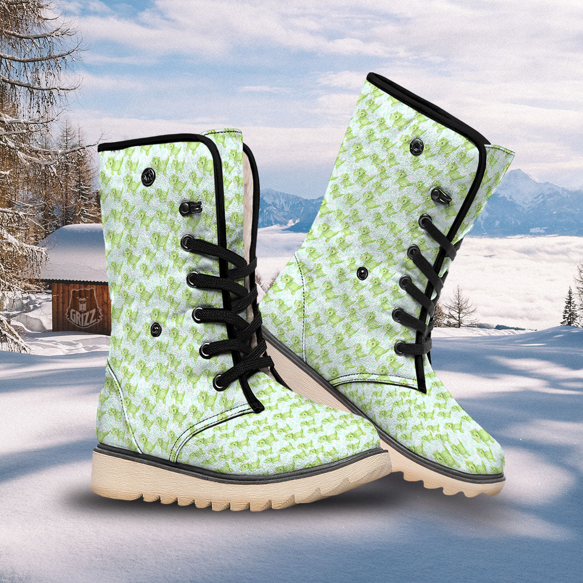 Green Dinosaur Little Print Pattern Snow Boots-grizzshop