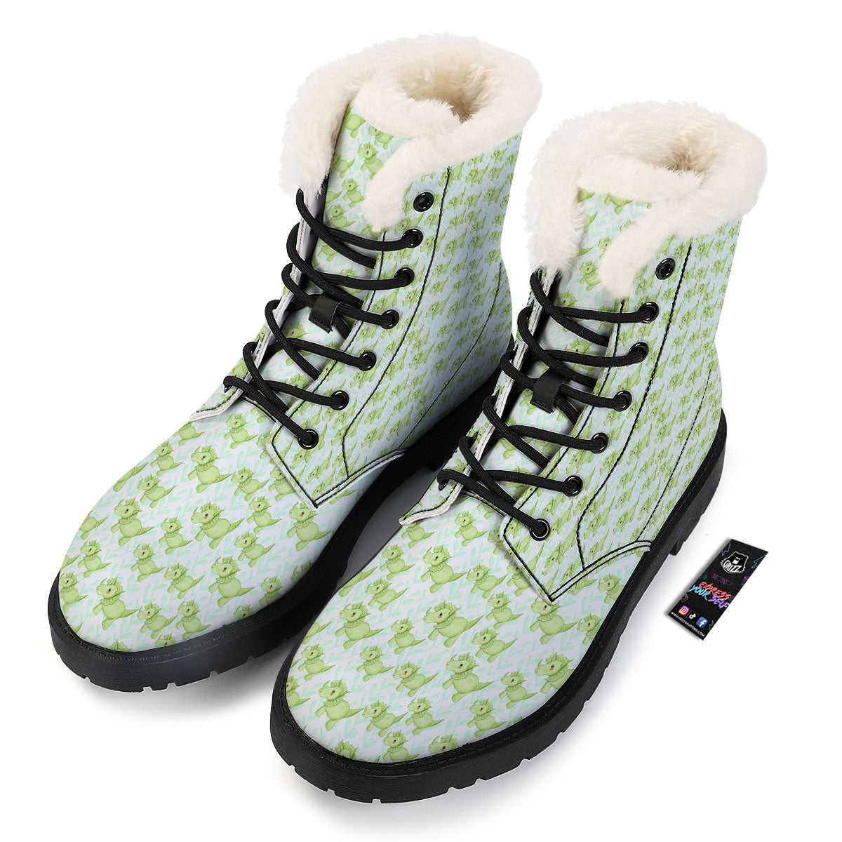 Green Dinosaur Little Print Pattern Winter Boots-grizzshop