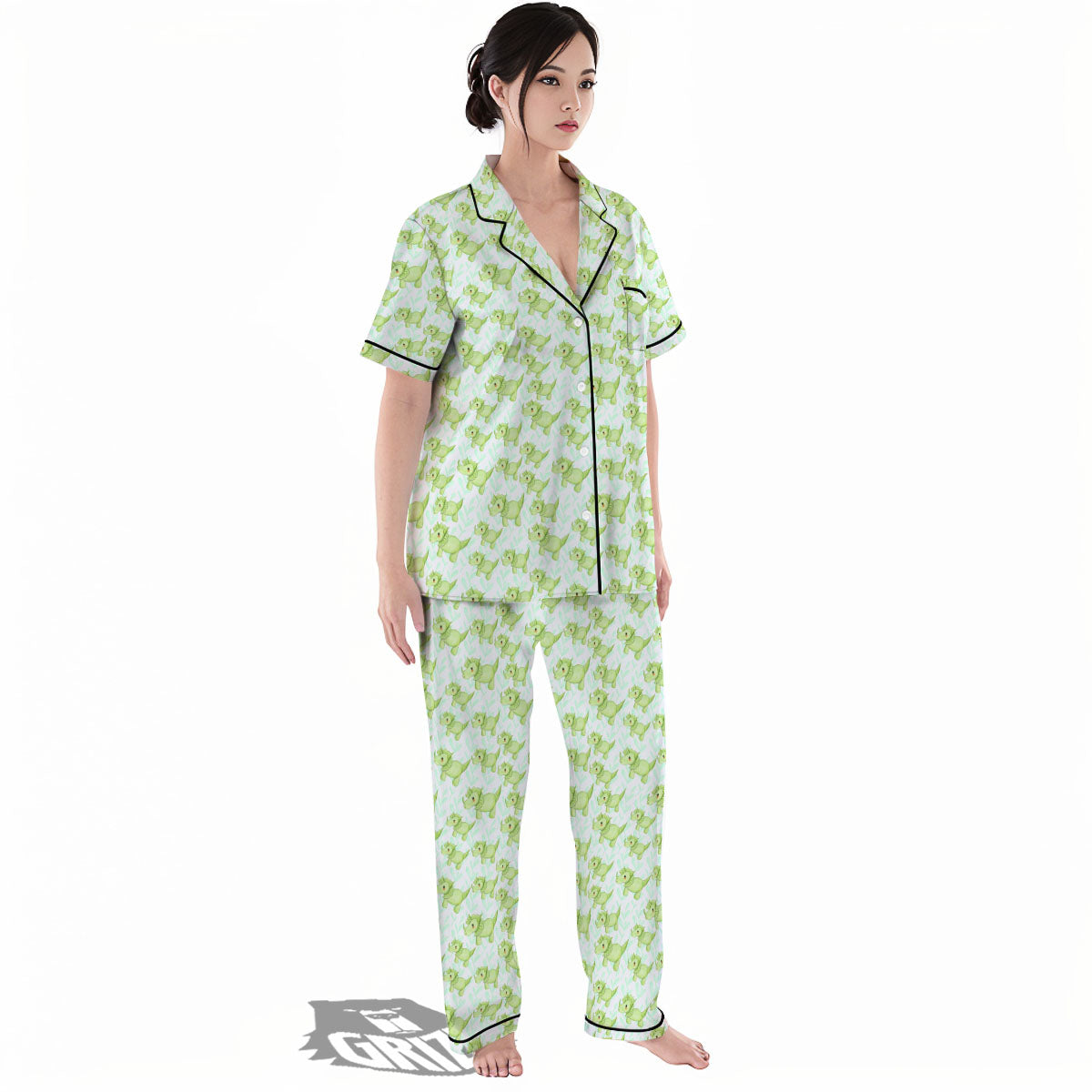 Green Dinosaur Little Print Pattern Women's Pajamas Set-grizzshop