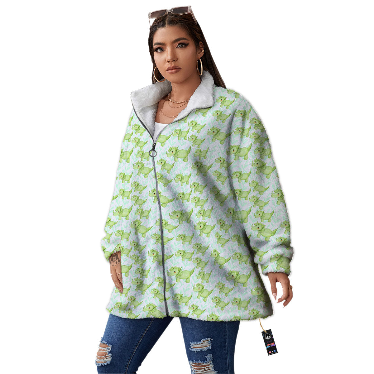 Green Dinosaur Little Print Pattern Women's Sherpa Jacket-grizzshop