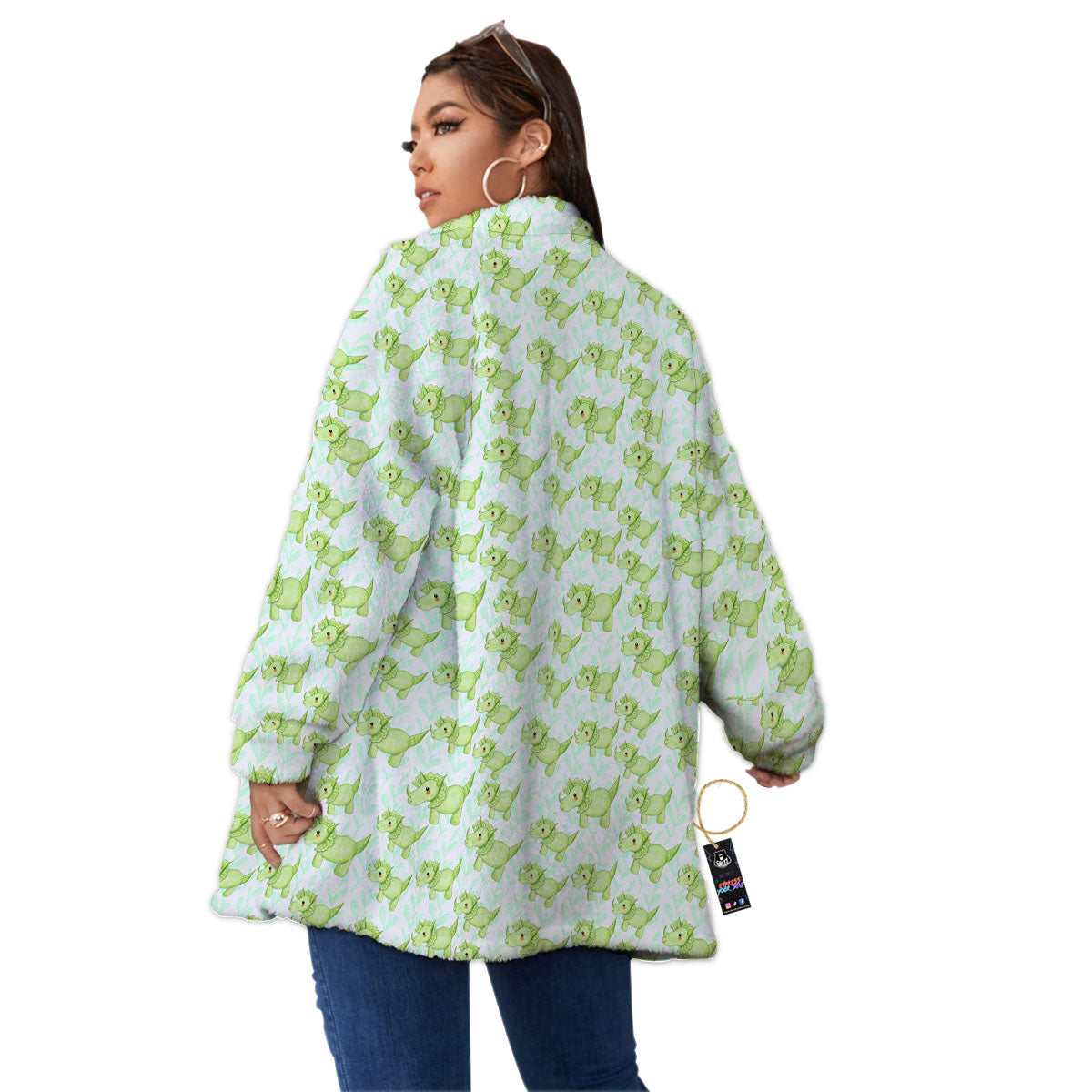 Green Dinosaur Little Print Pattern Women's Sherpa Jacket-grizzshop
