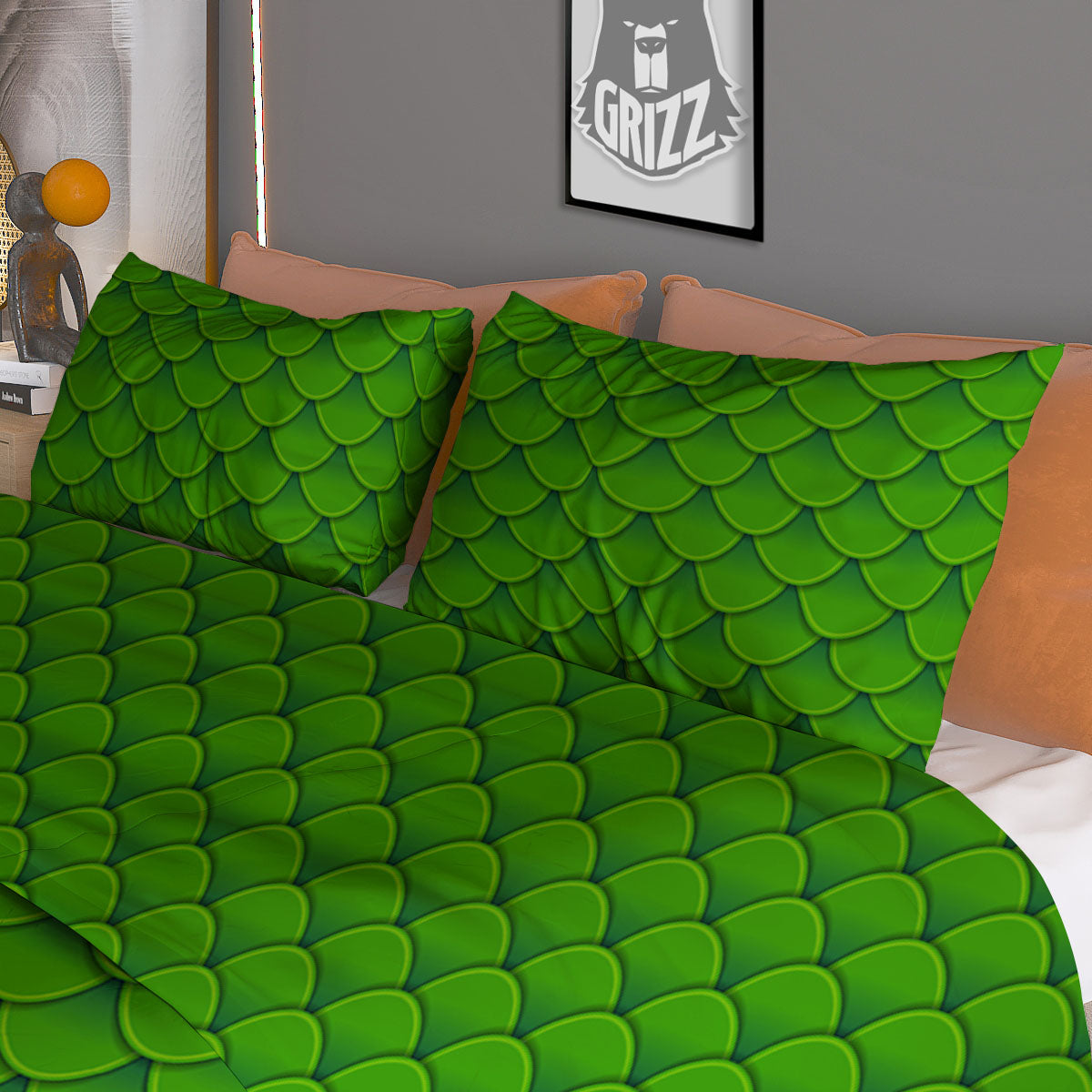 Green Dragon Scales Print Pattern Duvet Cover Bedding Set