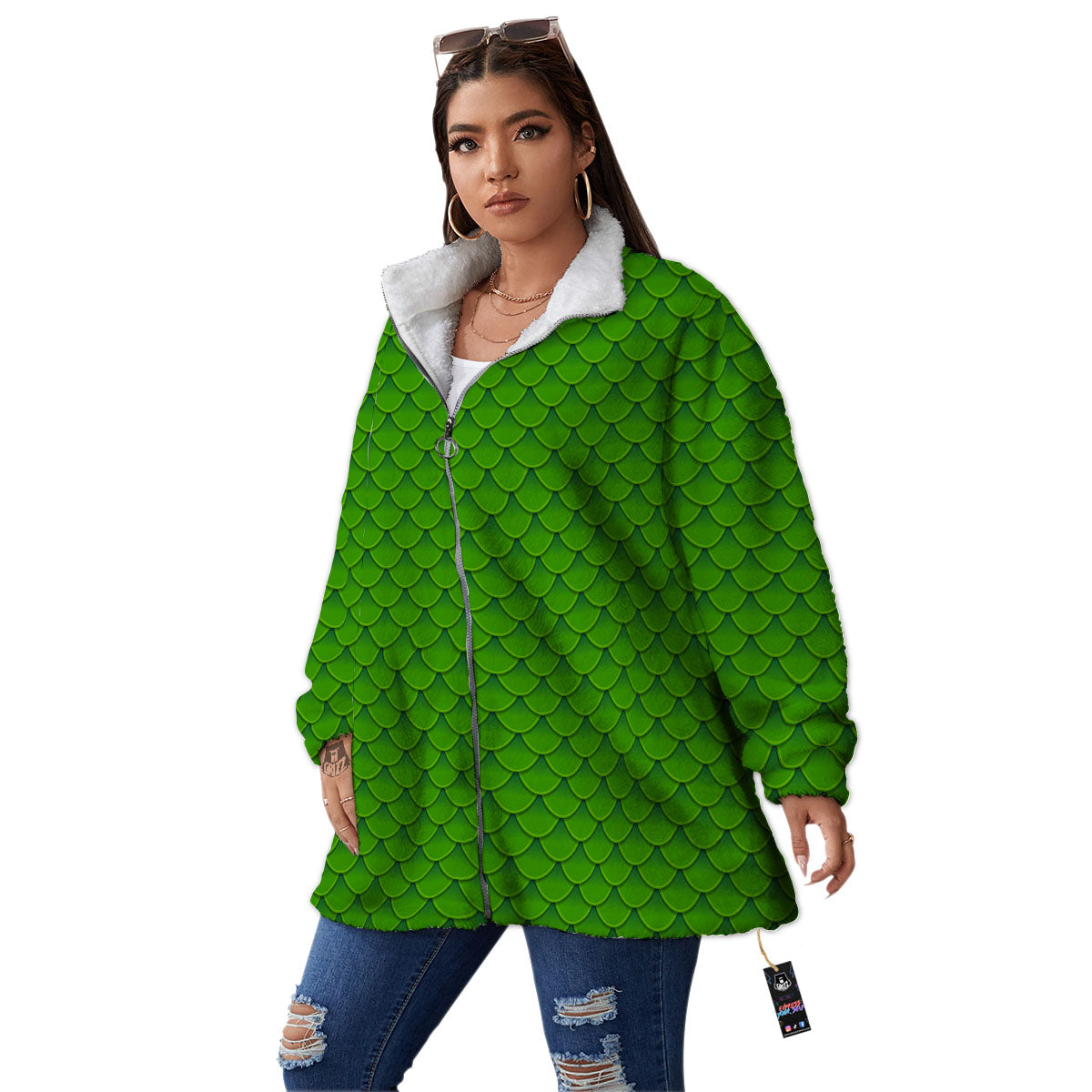 Green Dragon Scales Print Pattern Women's Sherpa Jacket-grizzshop