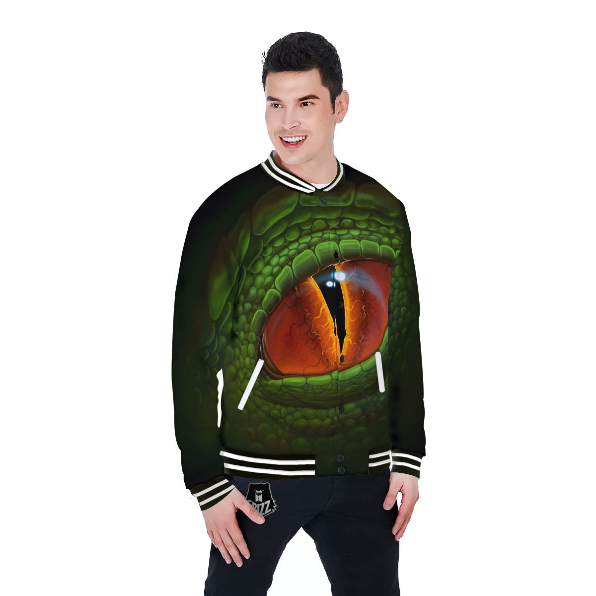 Green Dragon's Eye Print Baseball Jacket-grizzshop