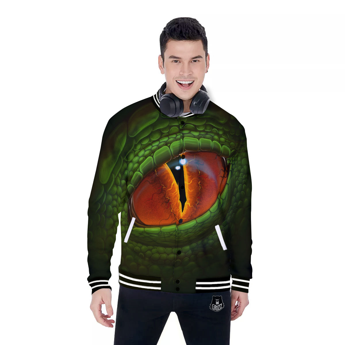 Green Dragon's Eye Print Baseball Jacket-grizzshop