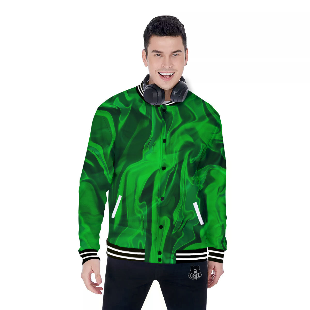 Green Energy Plasma Print Baseball Jacket-grizzshop
