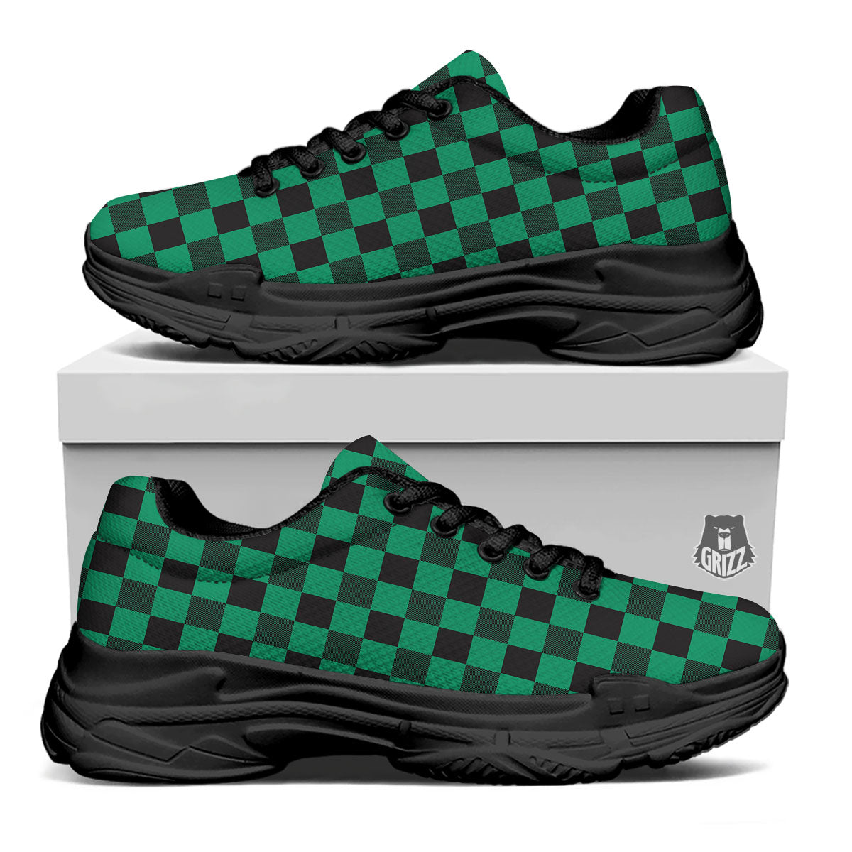 Green Forest And White Checkered Print Black Chunky Shoes-grizzshop