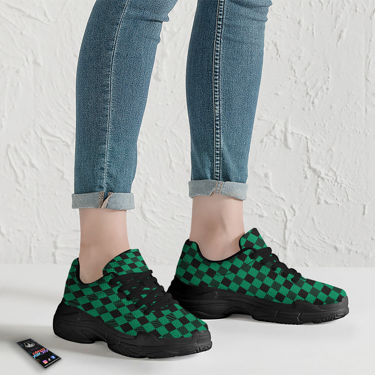 Green Forest And White Checkered Print Black Chunky Shoes-grizzshop