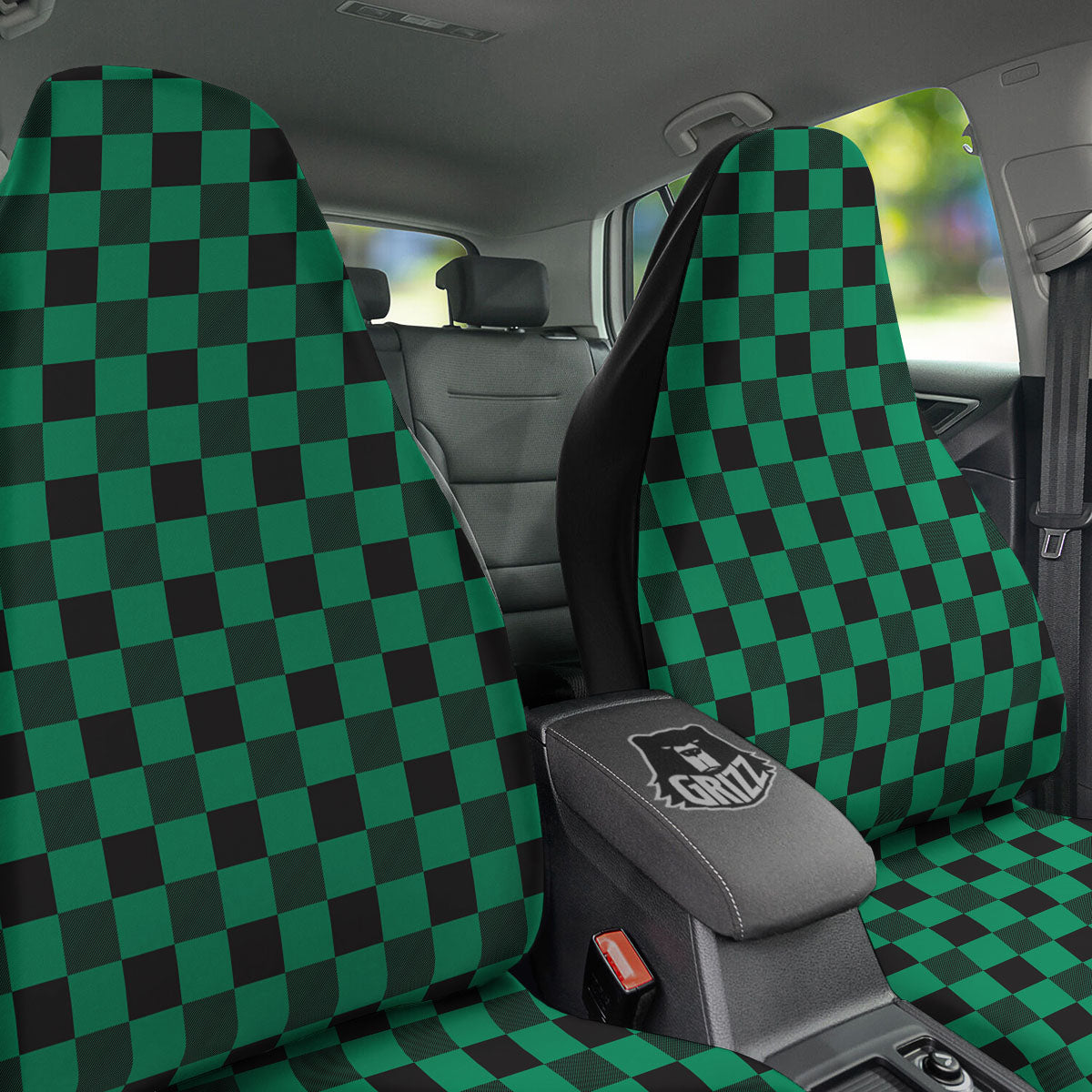 Green Forest And White Checkered Print Car Seat Covers-grizzshop
