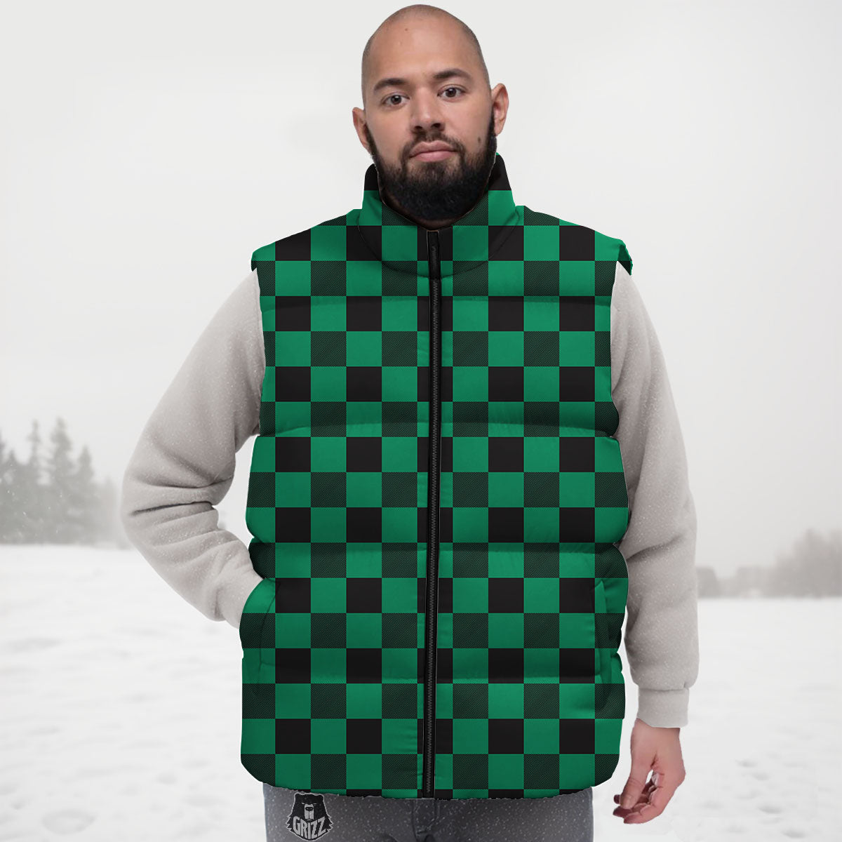 Green Forest And White Checkered Print Down Vest