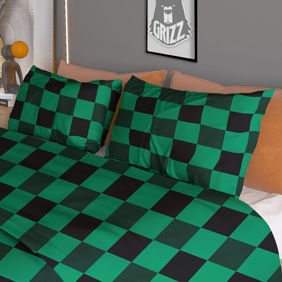 Green Forest And White Checkered Print Duvet Cover Bedding Set
