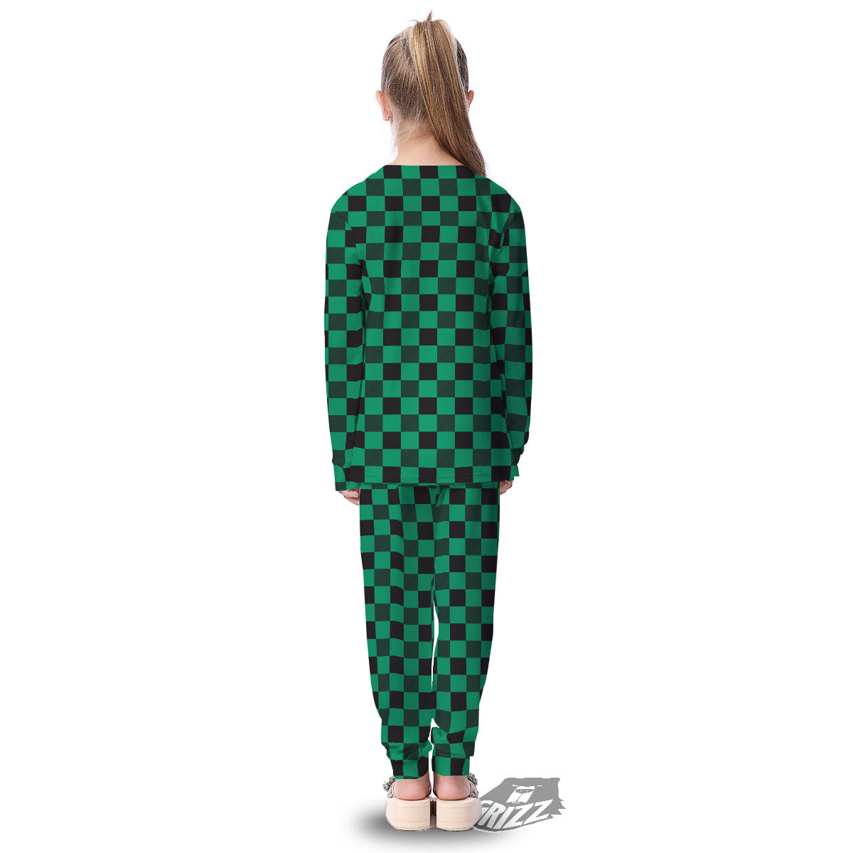 Green Forest And White Checkered Print Kid's Pajamas-grizzshop