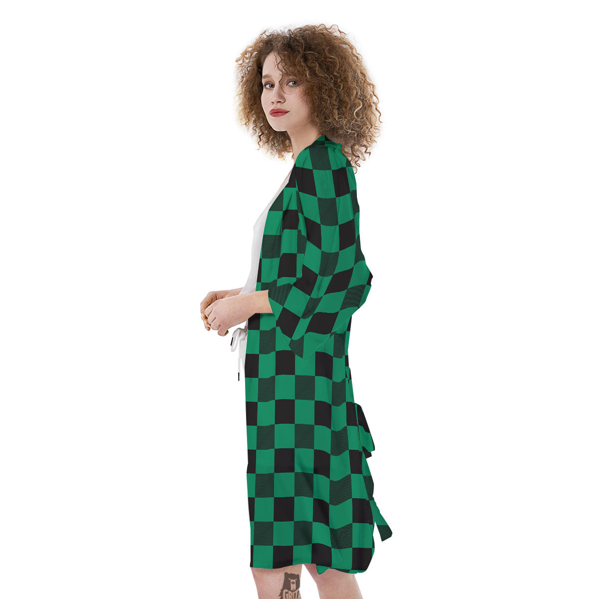 Green Forest And White Checkered Print Kimono-grizzshop