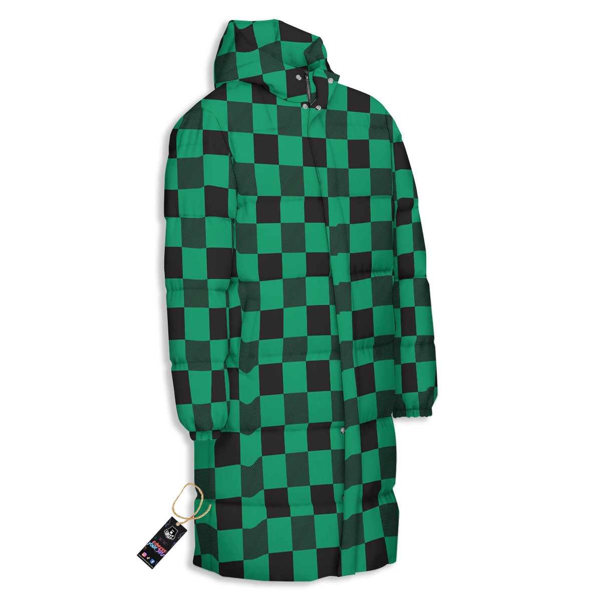 Green Forest And White Checkered Print Long Down Jacket-grizzshop