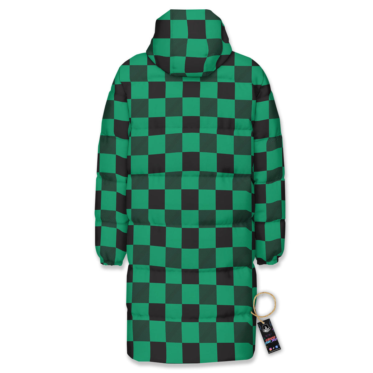 Green Forest And White Checkered Print Long Down Jacket-grizzshop