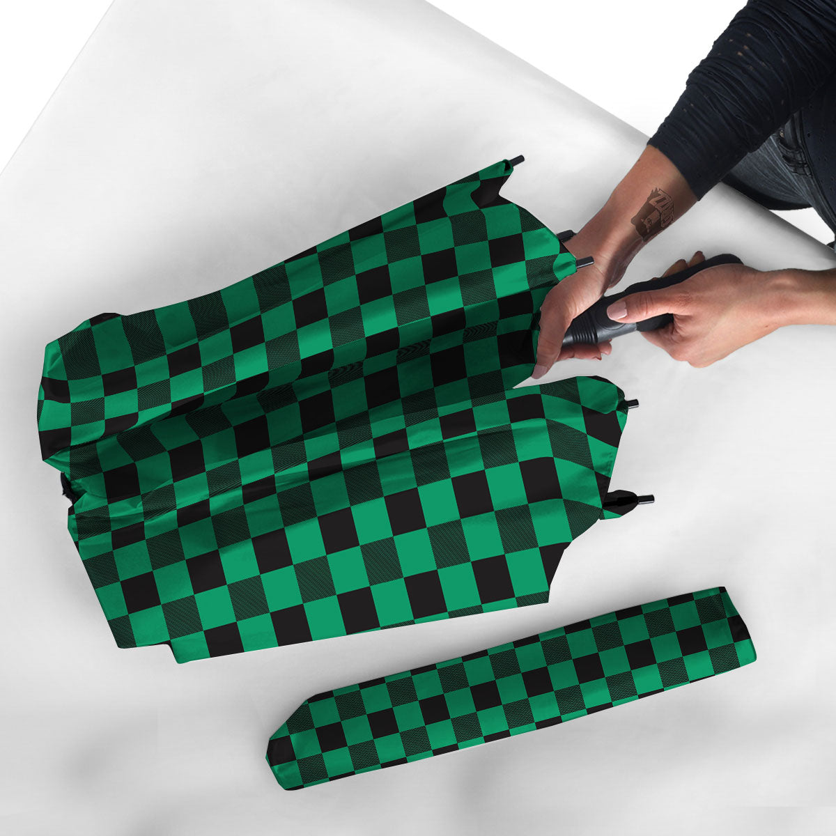 Green Forest And White Checkered Print Umbrella-grizzshop