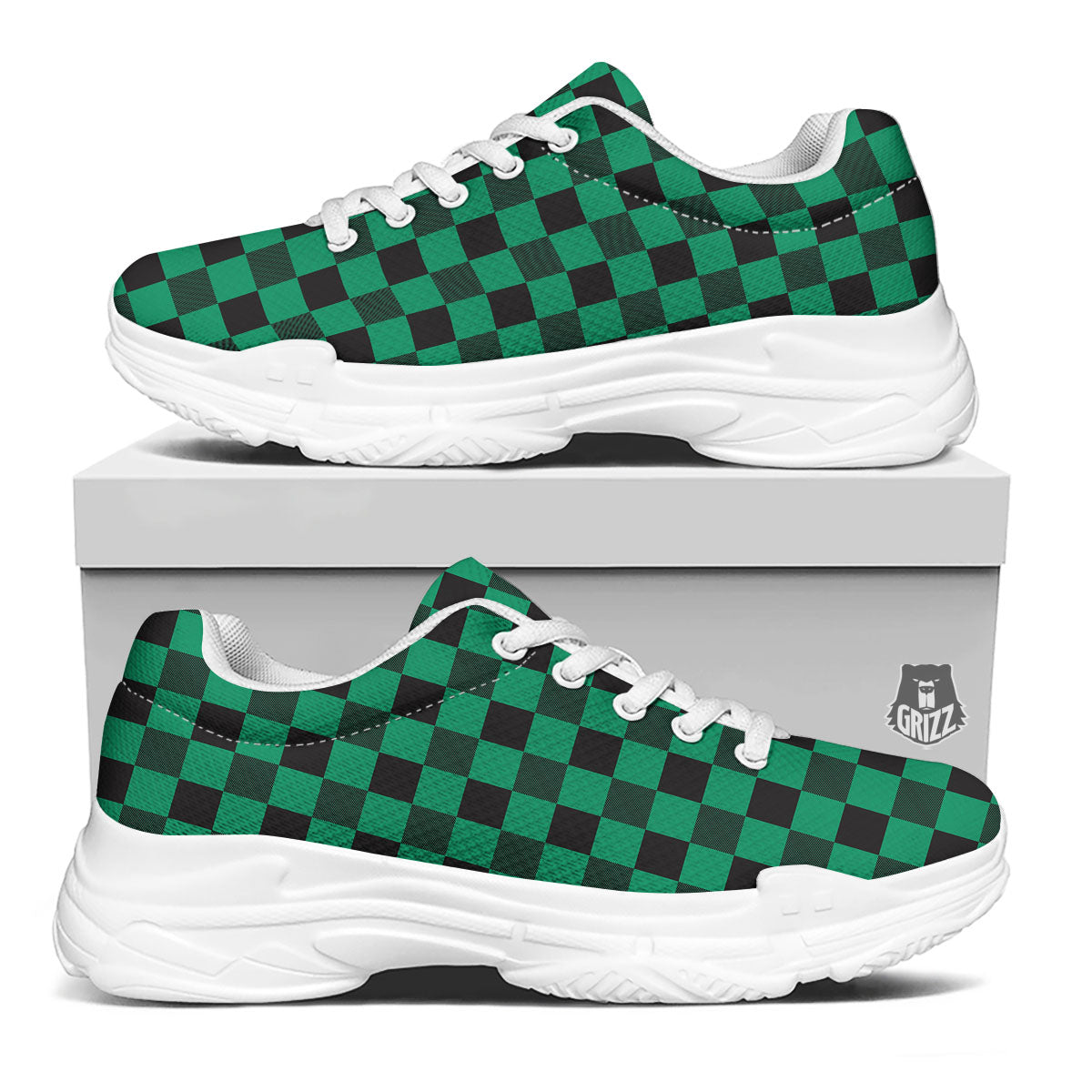 Green Forest And White Checkered Print White Chunky Shoes-grizzshop