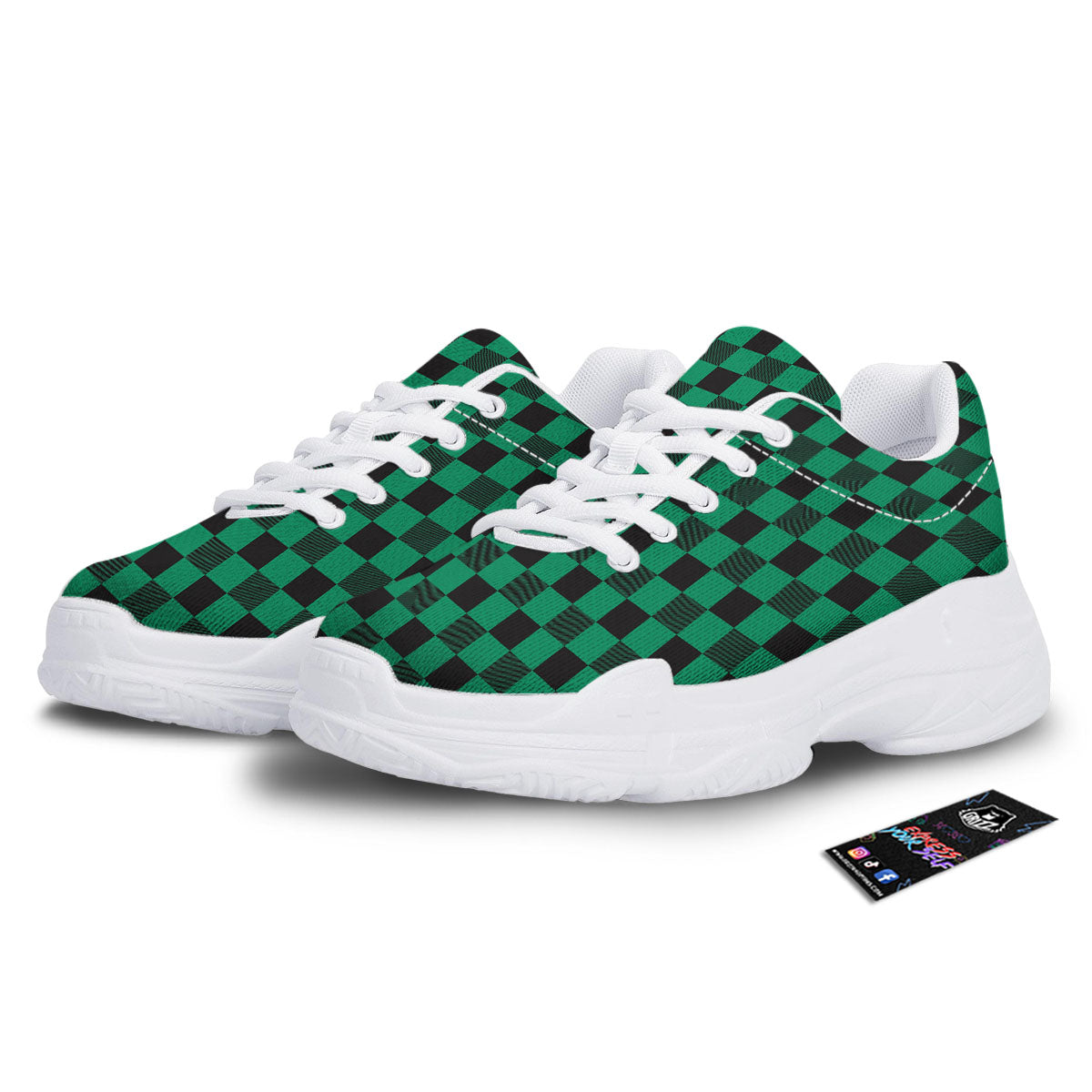 Green Forest And White Checkered Print White Chunky Shoes-grizzshop