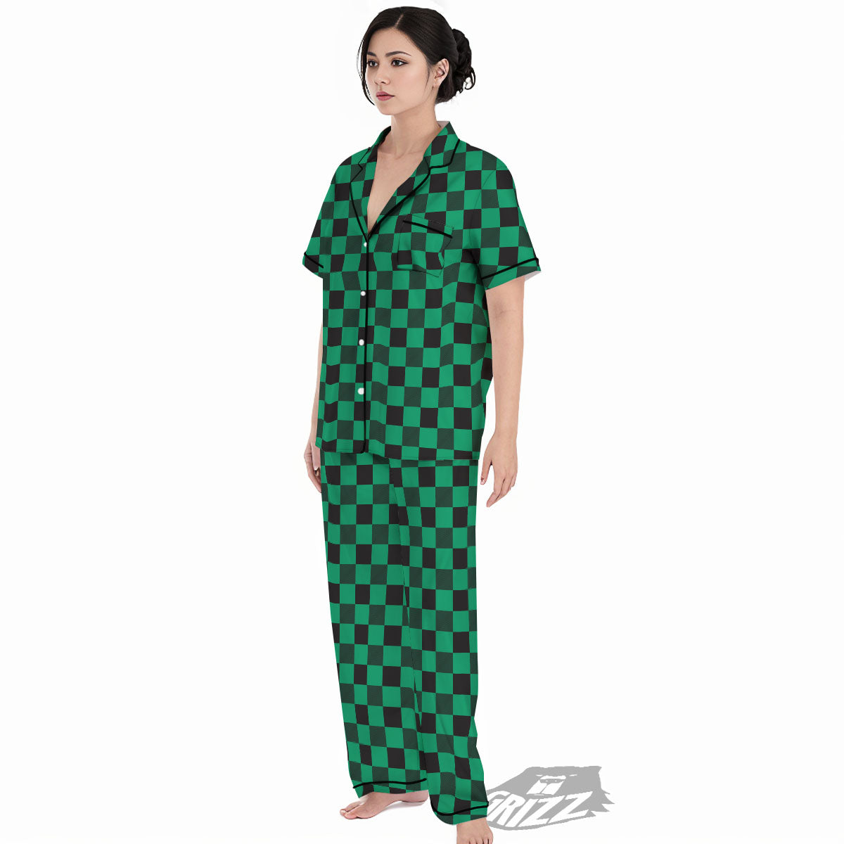 Green Forest And White Checkered Print Women's Pajamas Set-grizzshop