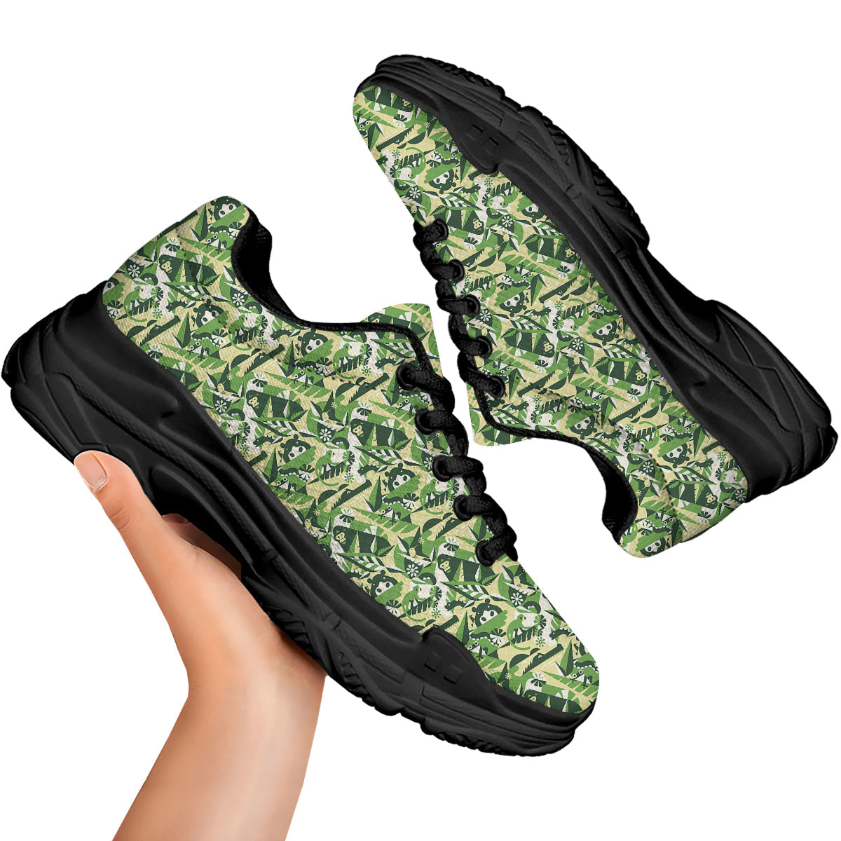 Green Geometric African Jungle Print Pattern Black Chunky Shoes-grizzshop