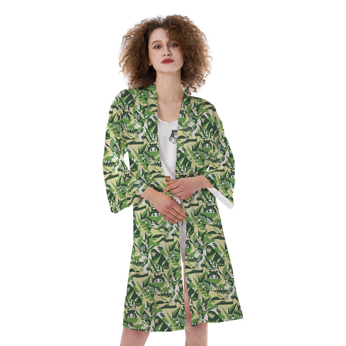 Green Geometric African Jungle Print Pattern Kimono-grizzshop