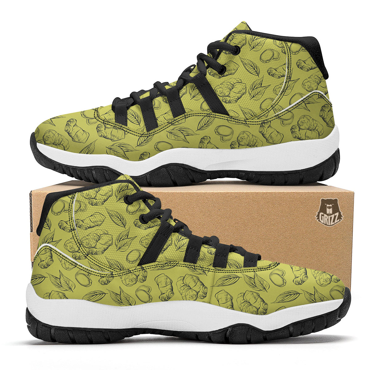 Green Ginger Print Pattern Black Bball Shoes-grizzshop
