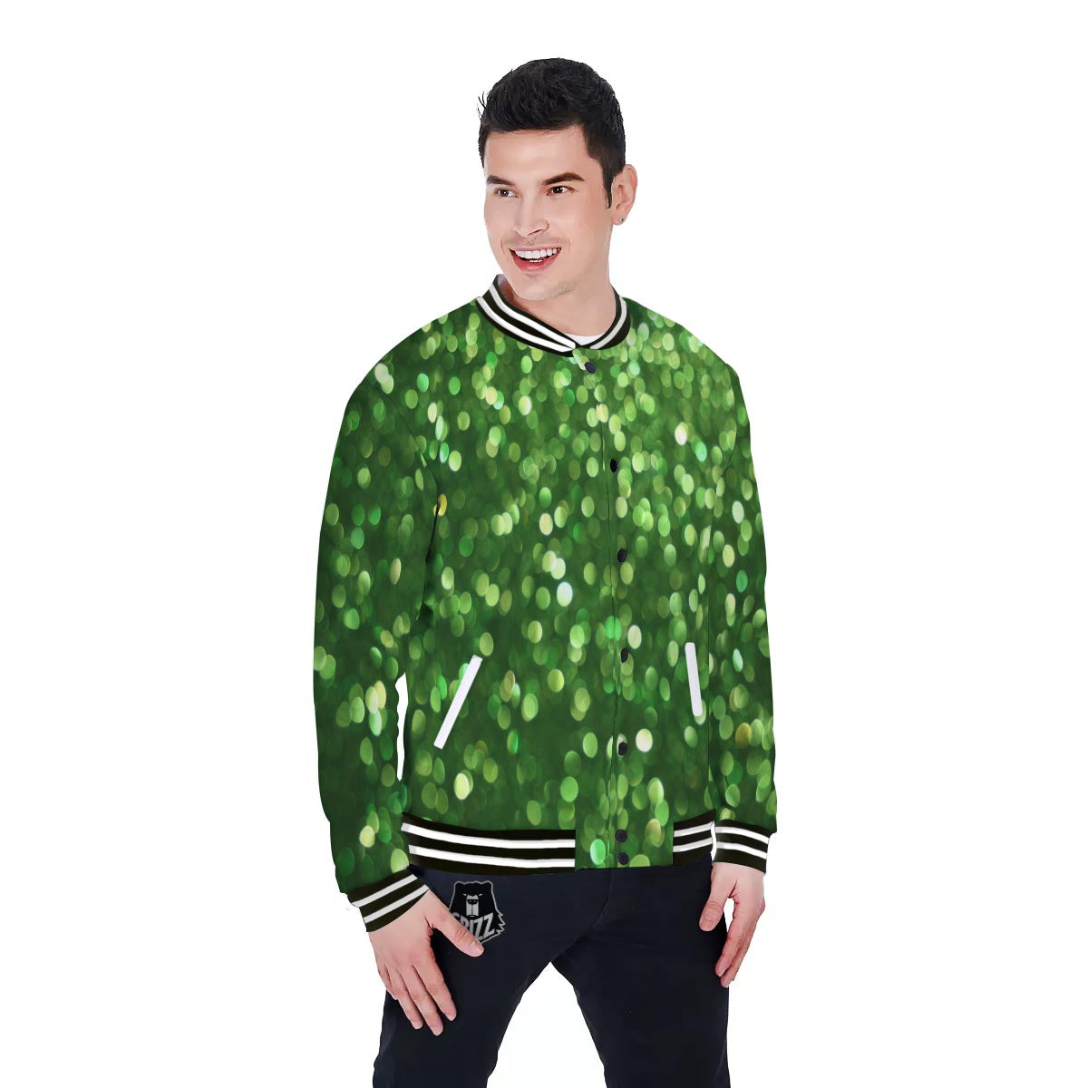 Green Glitter Artwork Shamrock Print Pattern Baseball Jacket-grizzshop