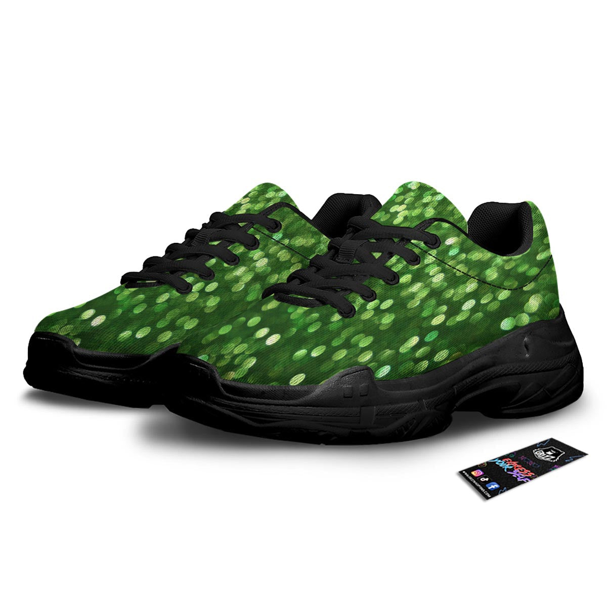 Green Glitter Artwork Shamrock Print Pattern Black Chunky Shoes-grizzshop