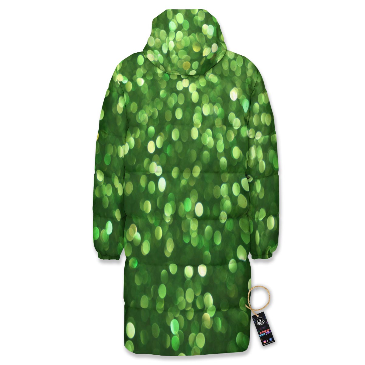 Green Glitter Artwork Shamrock Print Pattern Long Down Jacket-grizzshop