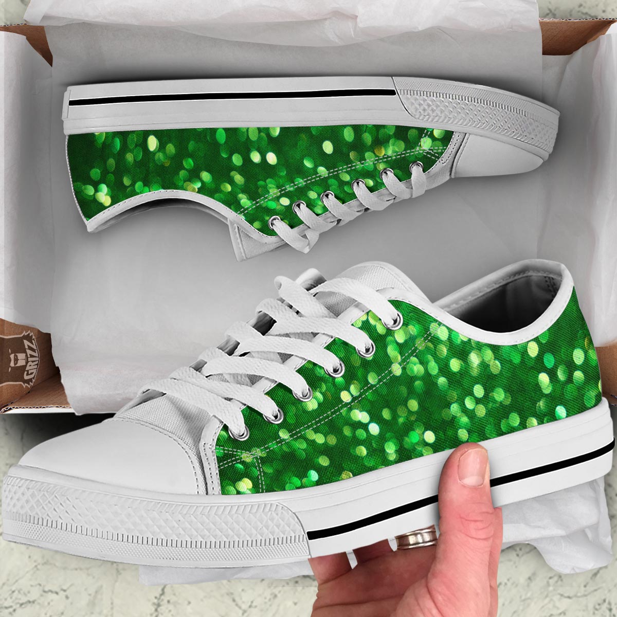 Green Glitter Artwork Shamrock Print Pattern White Low Top Shoes-grizzshop