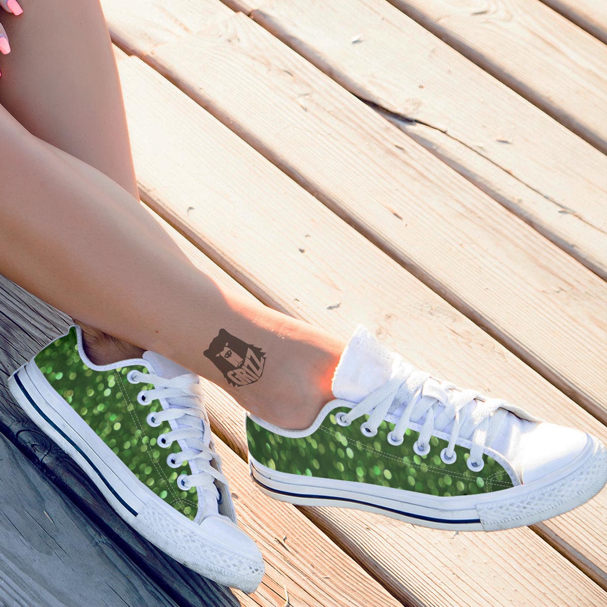 Green Glitter Artwork Shamrock Print Pattern White Low Top Shoes-grizzshop