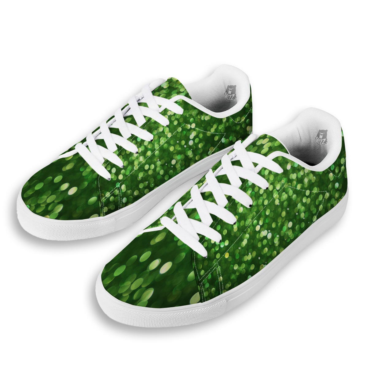 Green Glitter Artwork Shamrock Print Pattern White Low Top Sneakers-grizzshop