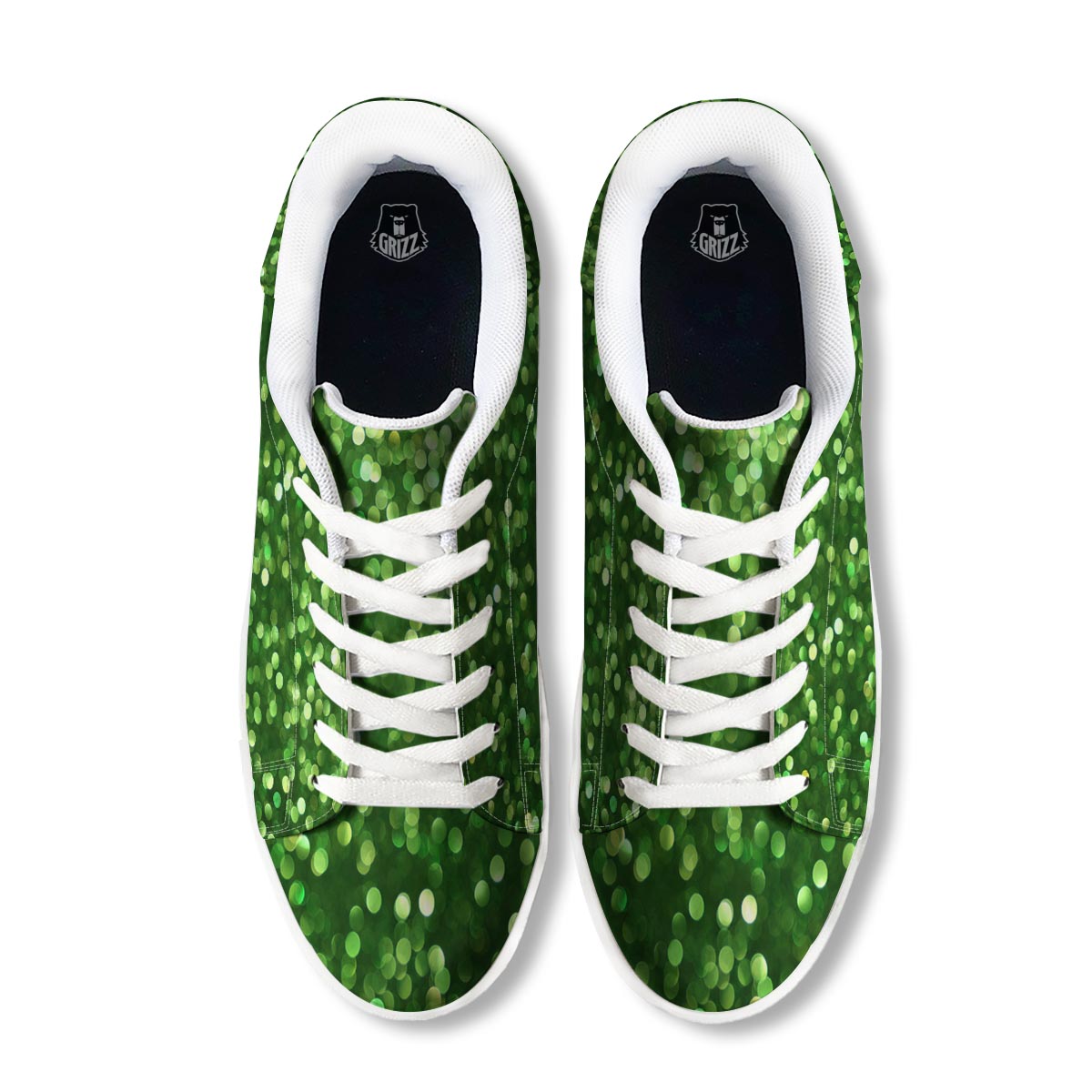 Green Glitter Artwork Shamrock Print Pattern White Low Top Sneakers-grizzshop