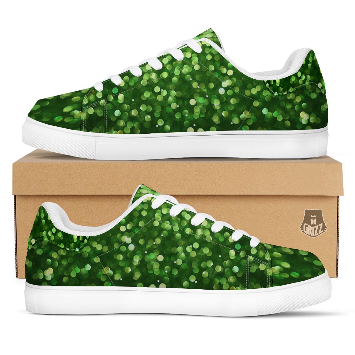 Green Glitter Artwork Shamrock Print Pattern White Low Top Sneakers-grizzshop