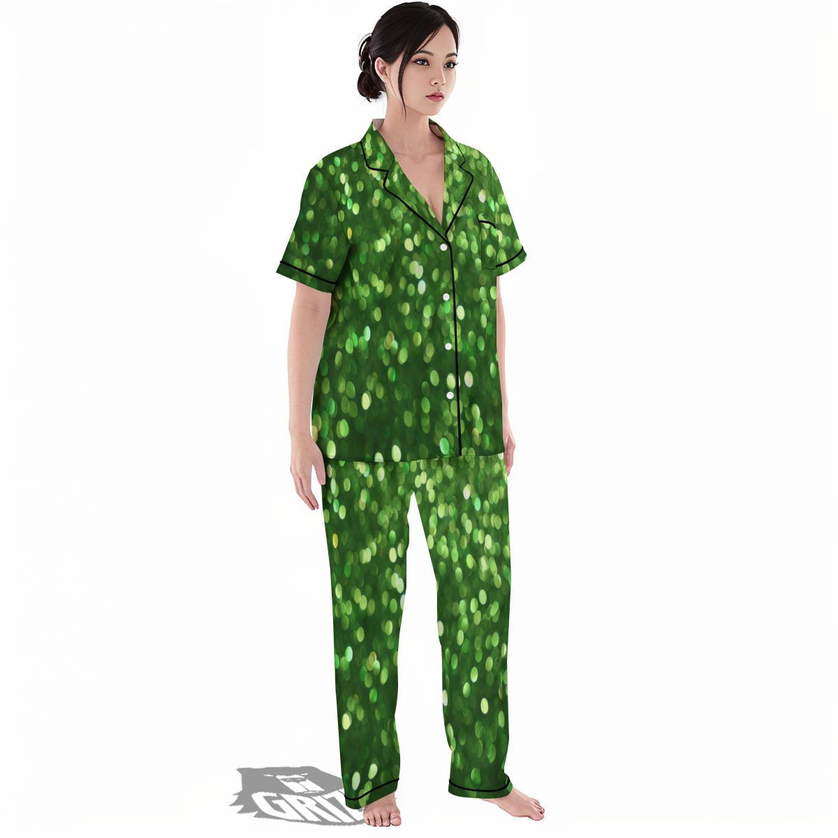 Green Glitter Artwork Shamrock Print Pattern Women's Pajamas Set-grizzshop