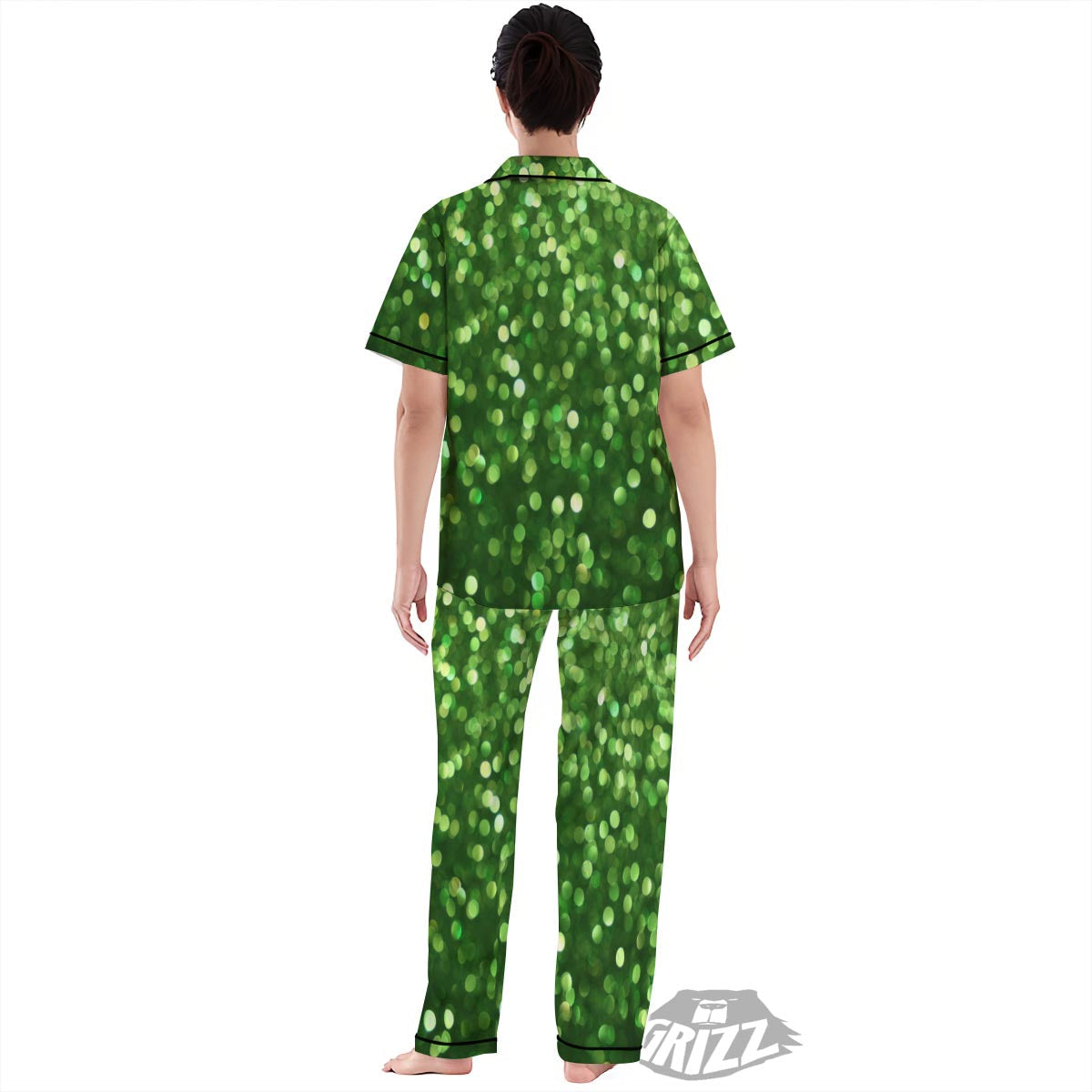 Green Glitter Artwork Shamrock Print Pattern Women's Pajamas Set-grizzshop