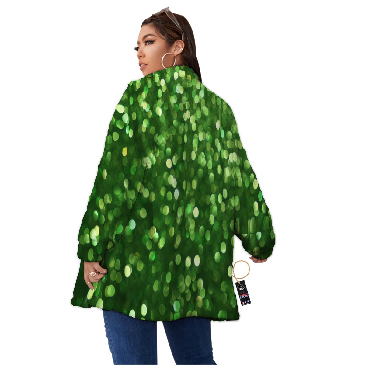 Green Glitter Artwork Shamrock Print Pattern Women's Sherpa Jacket-grizzshop