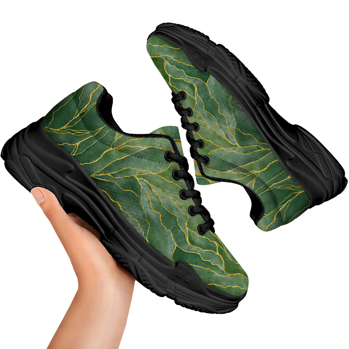 Green Golden Cracked Marble Print Black Chunky Shoes-grizzshop