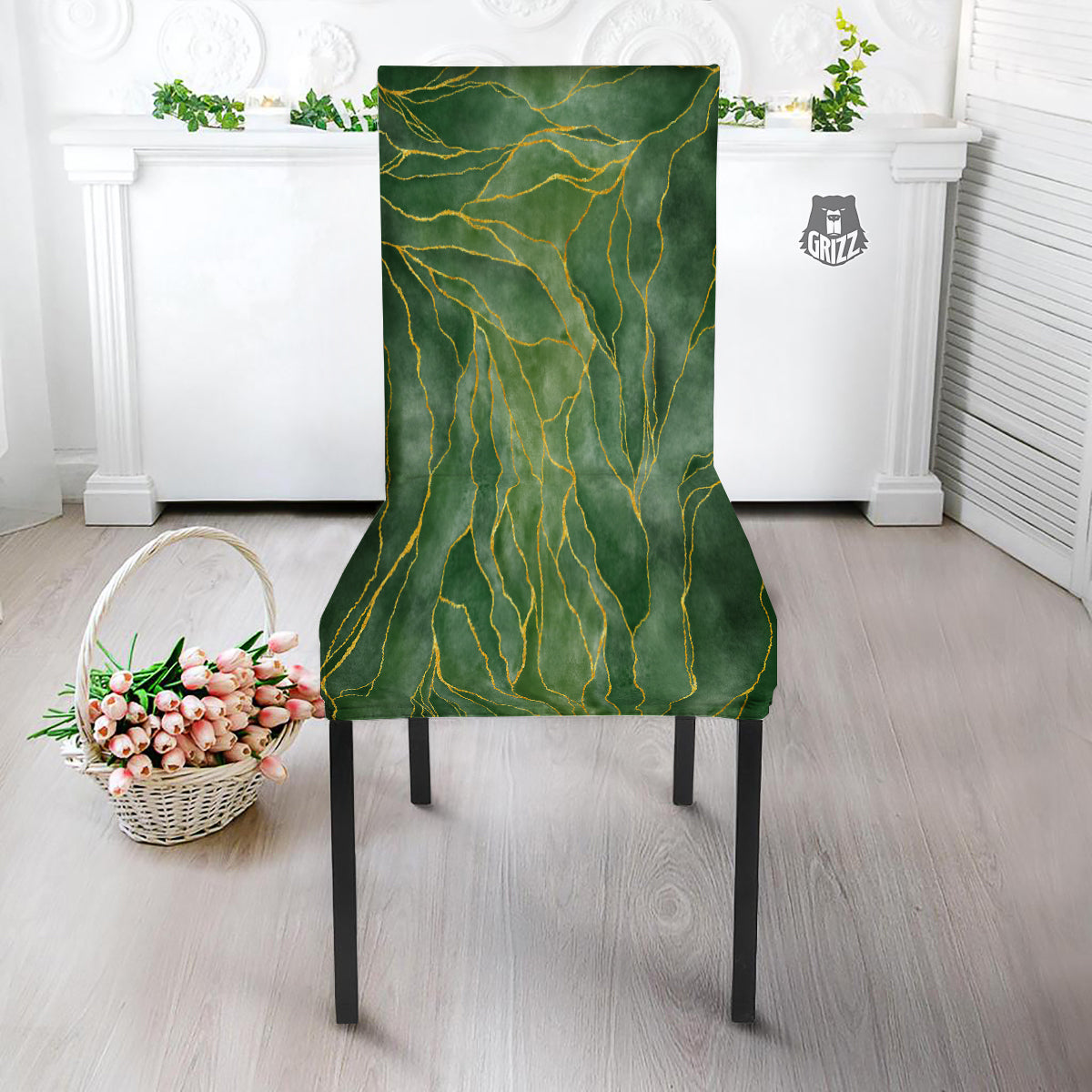 Green Golden Cracked Marble Print Dining Chair Slipcover-grizzshop