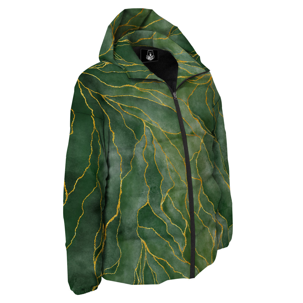 Green Golden Cracked Marble Print Down Jacket-grizzshop